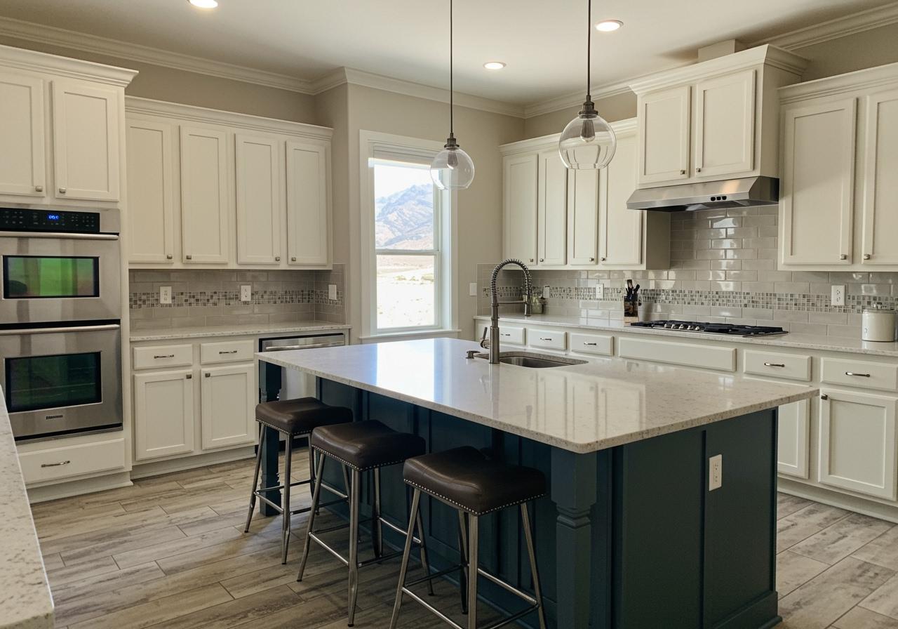Custom Kitchen Renovation with White Cabinets and Teal Island in St. George, UT.