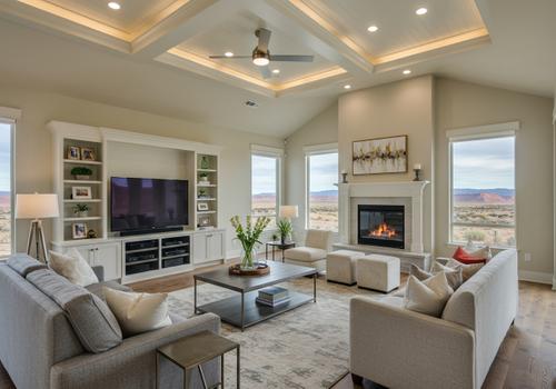 Interior view of a high-end residential living space with a gas fireplace, decorative coffered ceiling, and neutral furniture. Large windows maximize the natural light and views of the surrounding Southern Utah landscape. Custom Home Living Room by General Contractor in Southern Utah
