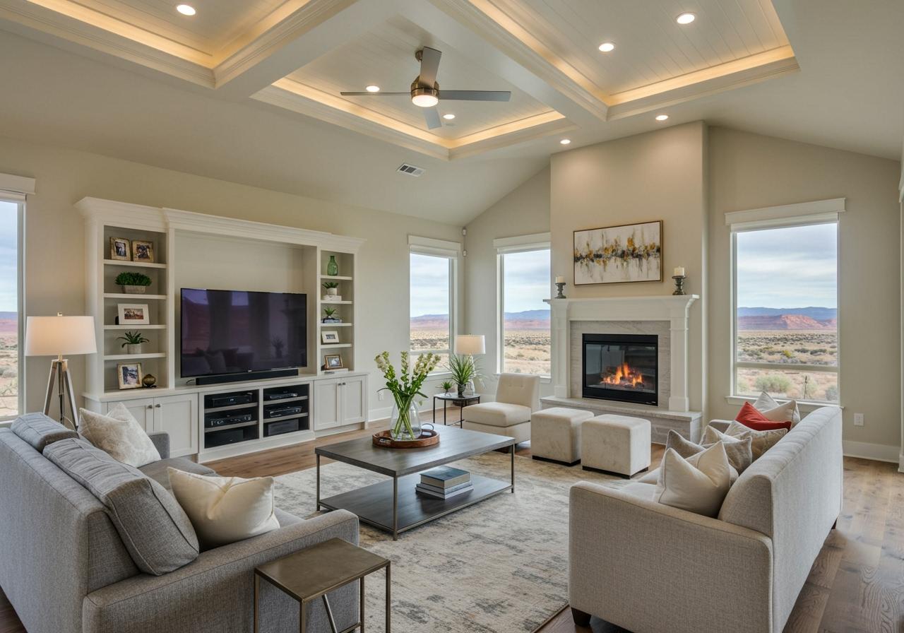 Interior view of a high-end residential living space with a gas fireplace, decorative coffered ceiling, and neutral furniture. Large windows maximize the natural light and views of the surrounding Southern Utah landscape. Custom Home Living Room by General Contractor in Southern Utah