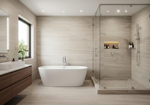 A modern bathroom remodel featuring a large walk-in glass shower, a white freestanding soaking tub, and a floating wood vanity with dual sinks. A modern bathroom remodel