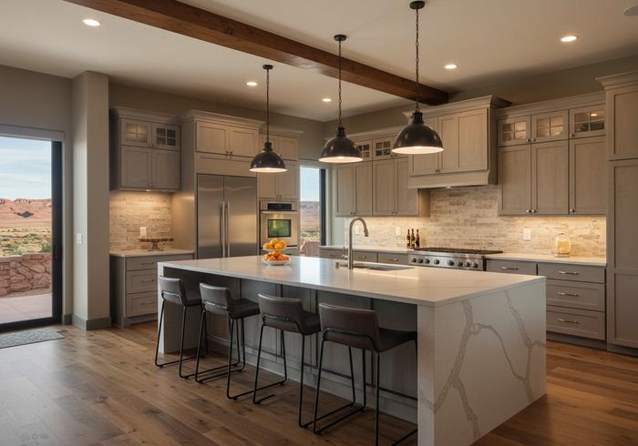 Ivins, UT custom kitchen remodel with large quartz island, light gray cabinetry, wood beam, and desert mountain views.