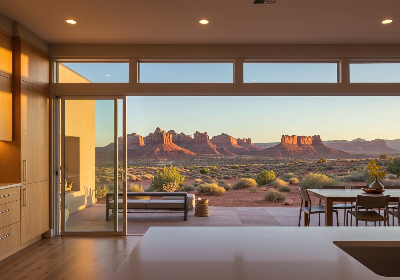 A seamless indoor-outdoor living space in Southern Utah, showing a modern kitchen opening onto a tiled patio with a dining table, with expansive views of the red rock desert landscape