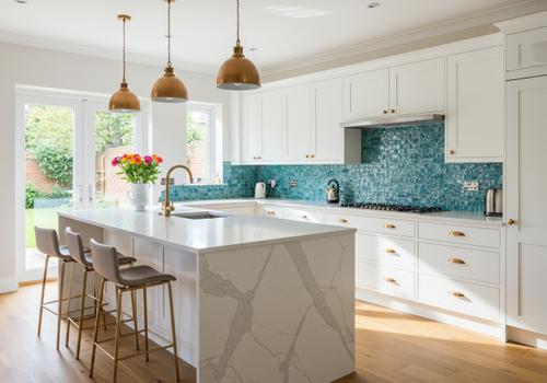 A modern white kitchen with a large island, bright blue backsplash, and gold hardware. all white kitchen design