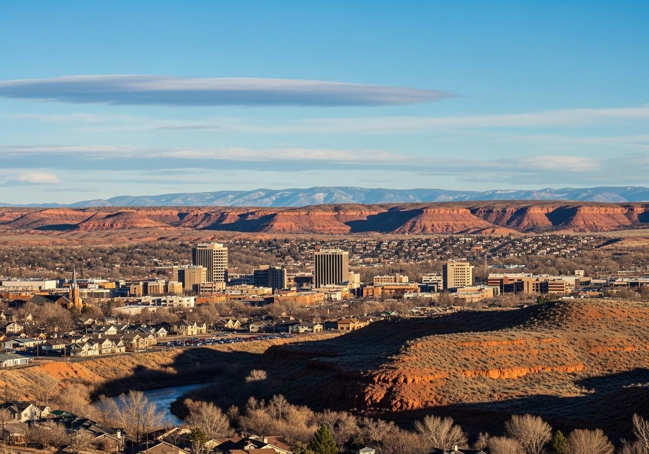 Scenic skyline of Santa Clara Utah featuring red rock mountains and custom residential neighborhoods at sunset