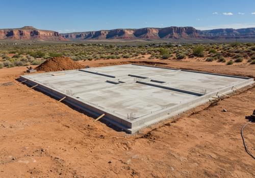 High-angle wide shot of a freshly poured concrete slab foundation and footings for a new residential home construction project, set against a scenic backdrop of red rock desert cliffs. Finished House Foundation