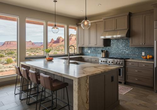 This custom kitchen design features a large central island with a granite or marble countertop and comfortable seating. The space is highlighted by warm wood cabinetry and a vibrant blue tile backsplash, all of which frame an expansive window that offers a breathtaking view of the desert landscape. modern kitchen design