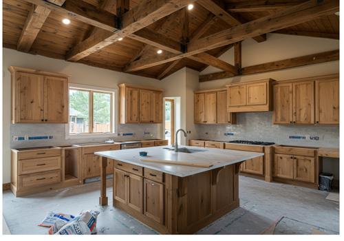 Custom luxury kitchen remodel under construction featuring natural light wood cabinetry, a massive central island with a white countertop, and an exposed vaulted ceiling with rustic wood trusses and beams. Rustic Kitchen Design