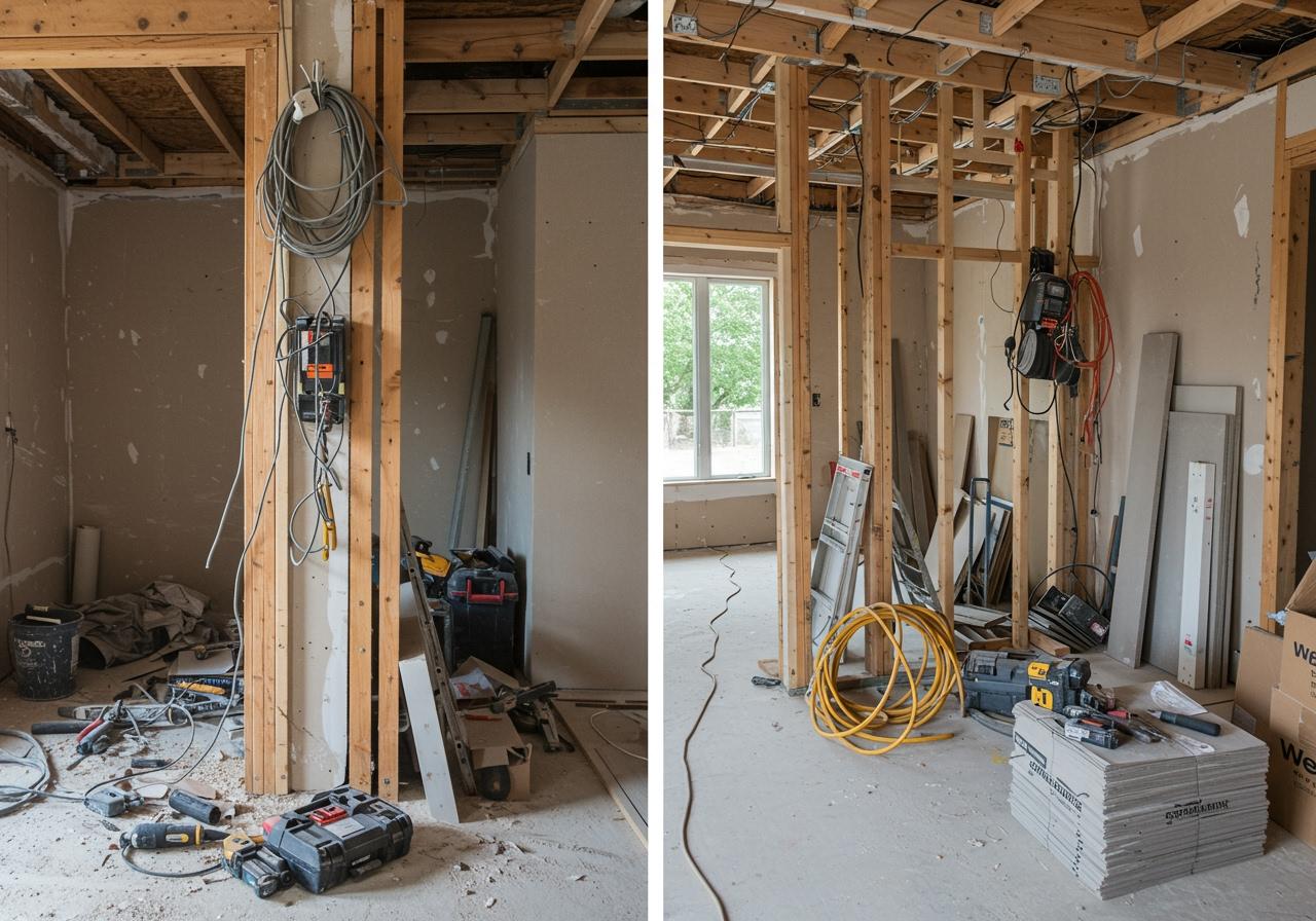 Side-by-side before and after interior views of a residential home remodeling project showing exposed wooden wall studs, ceiling joists, electrical wiring, and drywall sheets. top rated contractor