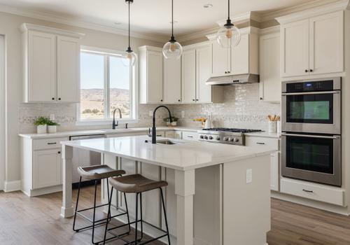 A modern, bright white kitchen with a large island, stainless steel appliances, and wood floors. Modern Kitchen Design