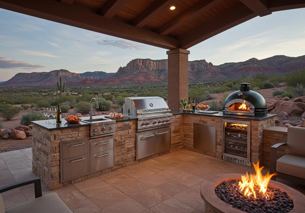 Luxury covered outdoor kitchen and stone barbecue island featuring an integrated stainless steel grill, sink, wine cooler, and ceramic dome pizza oven, with a gas fire pit in the foreground and scenic red rock desert mountains in the background. custom outdoor kitchen
