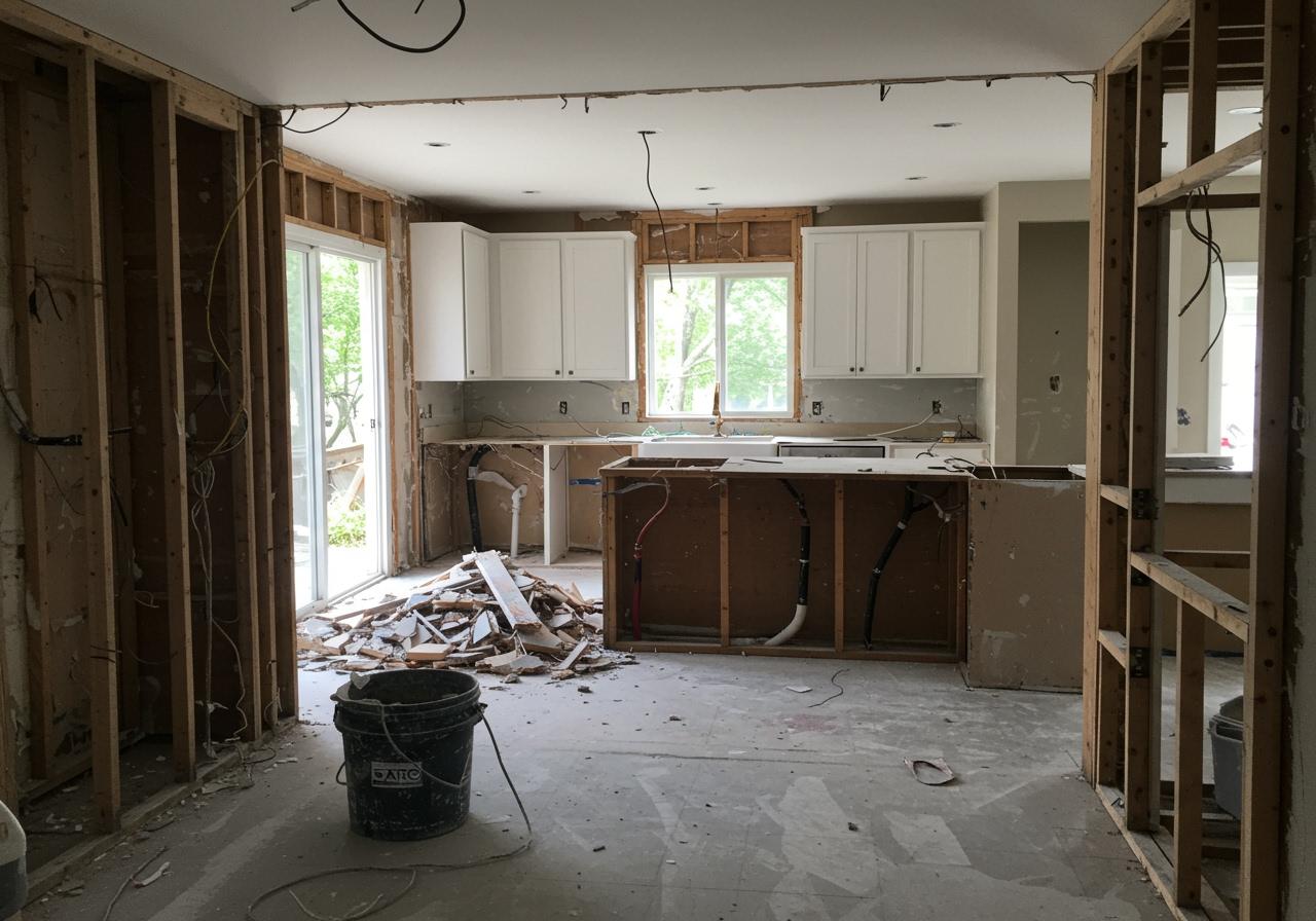 An unfinished kitchen space with the walls opened up, showing wooden stud framing and exposed wires. The concrete floor is dusty, and a black bucket sits next to a pile of construction debris. White upper cabinets remain installed on the far wall, centered around a window and overlooking the rough-in plumbing for the sink and a temporary island frame. A glass door to the exterior is visible on the left. Kitchen Stripped to Studs During Major Home Remodel.