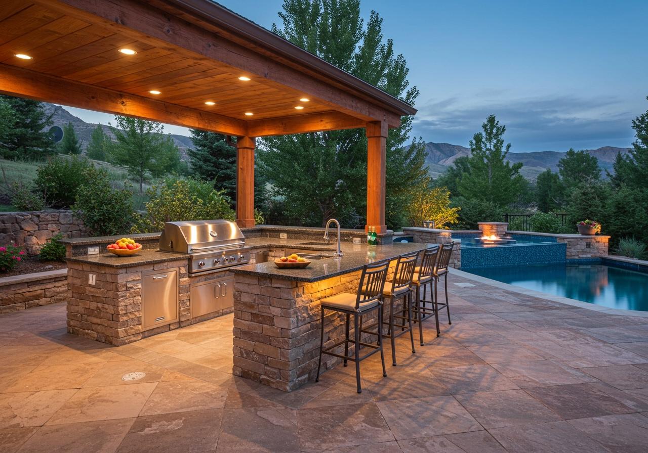 A custom outdoor kitchen in Southern Utah with a built-in grill, granite countertops, stone masonry, bar seating, and a wood-slat patio cover outdoor kitchen with a pool