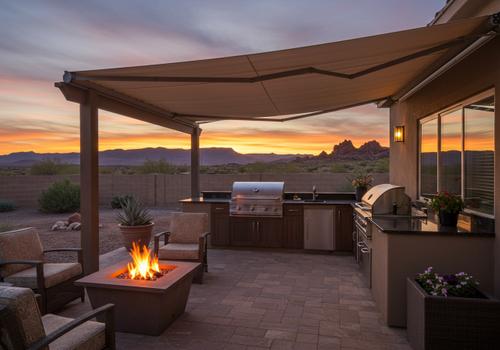 An outdoor kitchen and bar with a stainless steel grill, sink, and dark granite countertops under a retractable awning at sunset. Outdoor Kitchen and Firepit