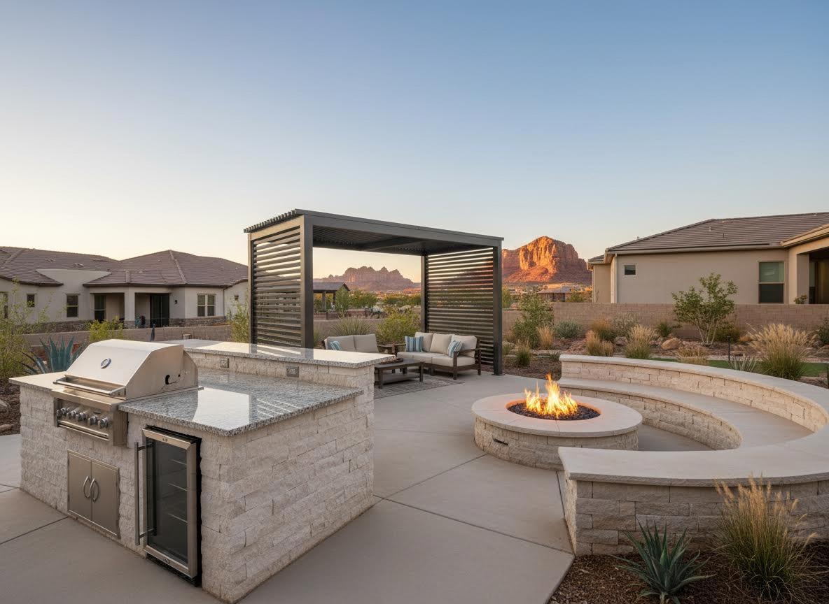 Luxury outdoor kitchen and custom stone fire pit St George Utah