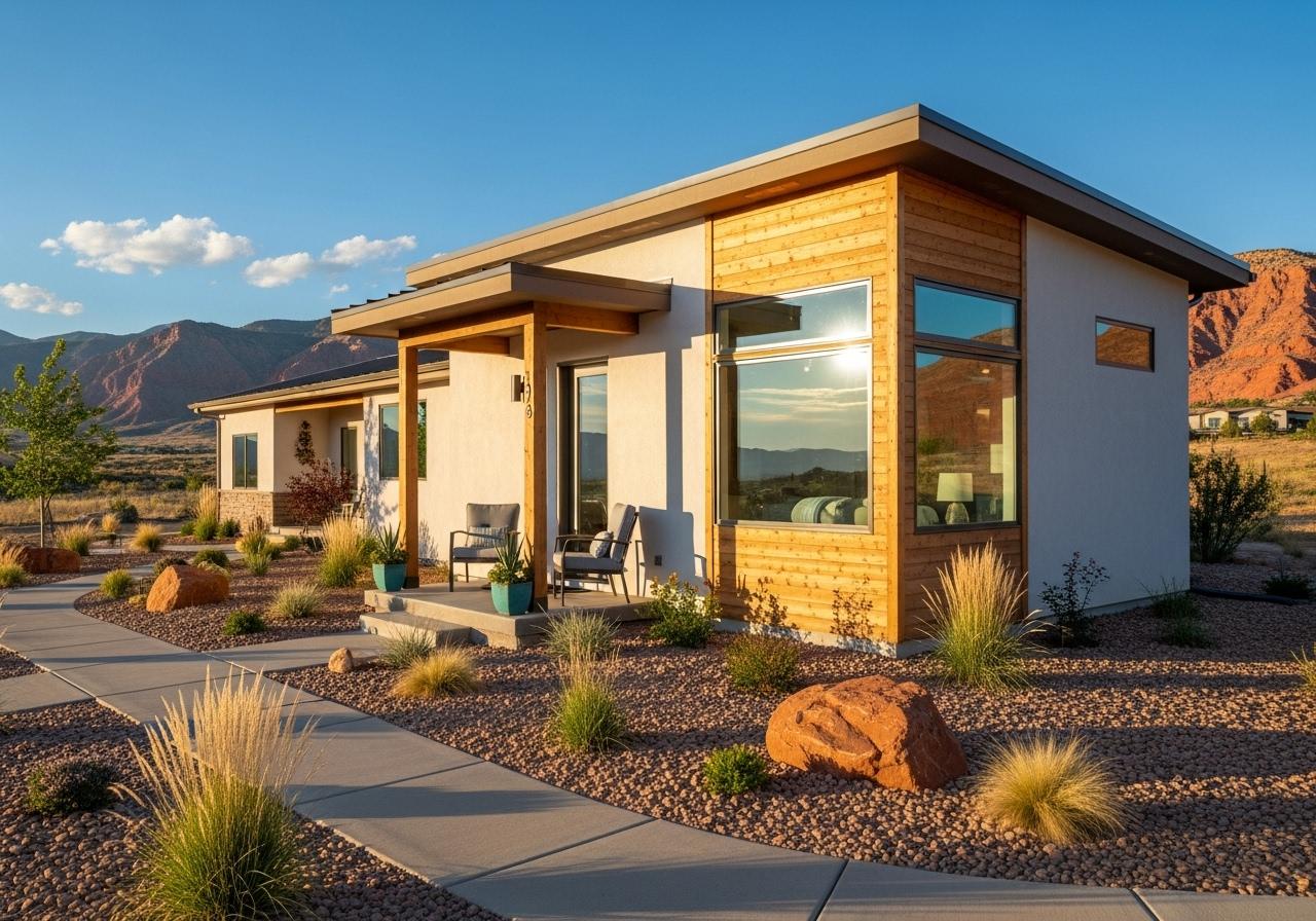 Custom-built modern casita with red rock landscaping in Southern Utah
