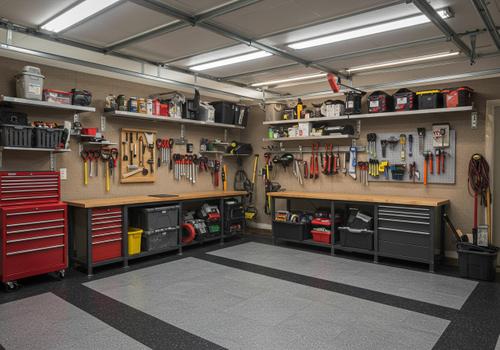 A brightly lit, well-organized home garage featuring two long wooden workbenches with dark gray metal cabinets underneath. Tools are neatly hung on pegboards and shelves above the benches. A large red rolling tool chest stands on the left. The floor is covered with gray and black interlocking tiles. Home Garage with Workbench