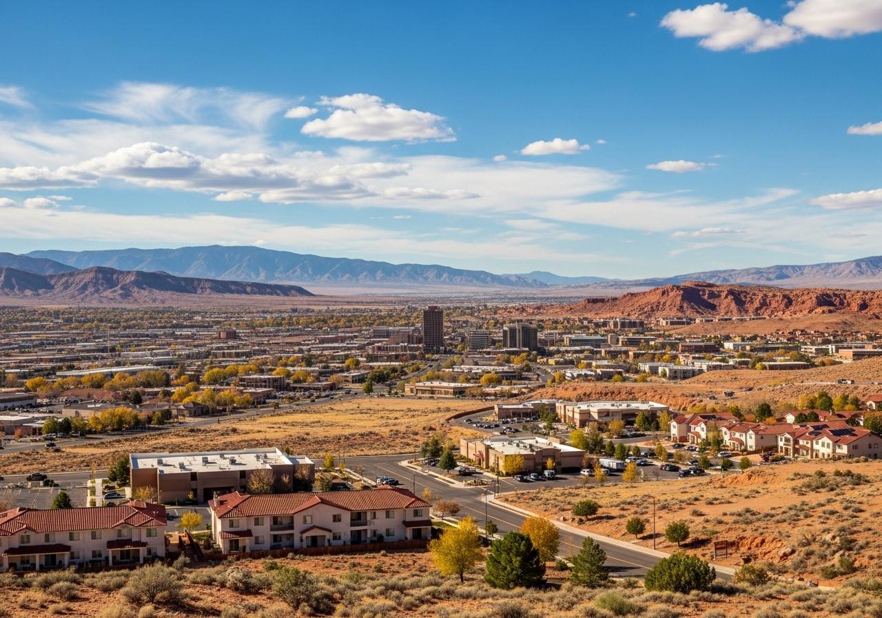 Panoramic view of Bloomington, Utah, featuring red rock formations, desert vegetation, and the city skyline under a bright sky.