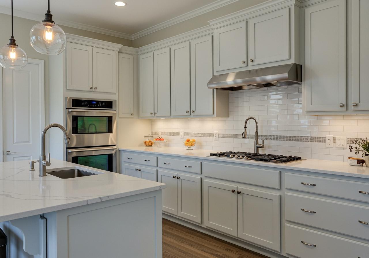 Close-up view of a professional kitchen renovation by a Southern Utah general contractor. Features include a double oven tower, gas cooktop, island sink, and warm pendant lighting. General Contractor Kitchen Remodel with Shaker Cabinets in Washington County, UT