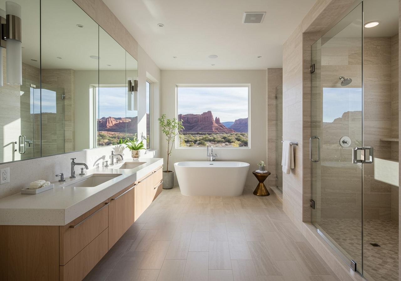 showcases a newly renovated master bathroom that seamlessly blends functionality with a modern, minimalist aesthetic. The centerpiece is the custom floating double vanity in a warm, light wood finish, which creates an open, spacious feel. It's complemented by a clean, white countertop, dual sinks, and matte black fixtures that add a contemporary touch. The spacious walk-in shower with a glass enclosure completes the design, creating a spa-like retreat for daily living. Luxurious modern bathroom featuring a custom floating double vanity and sleek black faucets.