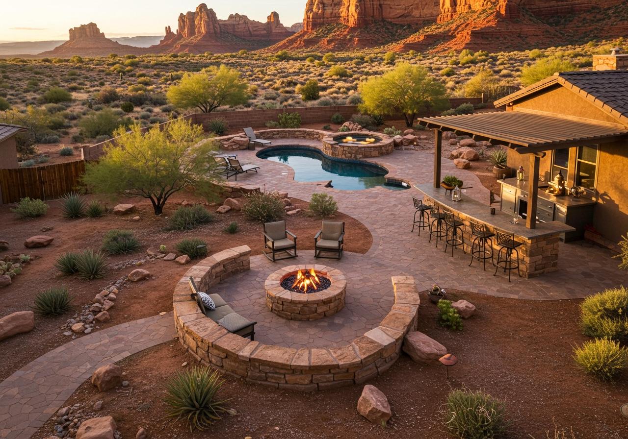 Luxury desert backyard with pool, stone fire pit, outdoor kitchen, and mountain view at sunset Desert backyard design with pool, fire pit, and outdoor kitchen in front of red rock mountains.