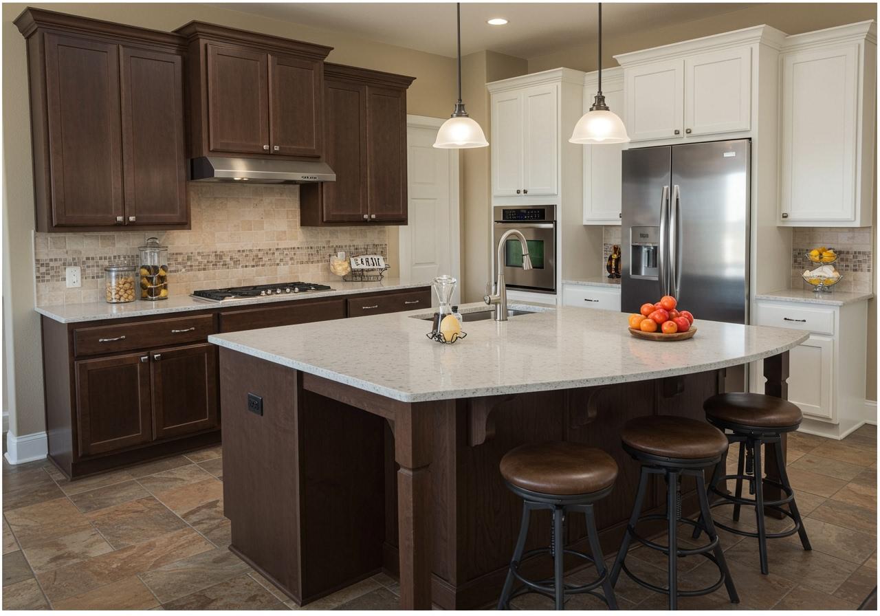 This stunning kitchen remodel combines two-tone cabinetry to create a dynamic, modern look. The rich brown lower cabinets and kitchen island are topped with a light quartz countertop, while the white upper cabinets keep the space feeling bright and open. This kitchen renovation also features stainless steel appliances and a custom tile backsplash, bringing the entire design together. Modern Utah kitchen design