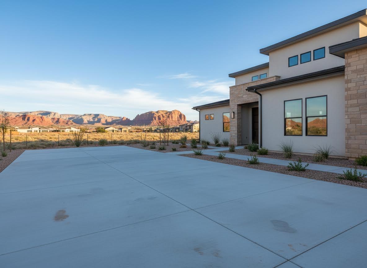 A spacious, newly poured concrete driveway and wide RV parking pad extending along the side of a modern one-story stucco house. The home features black-framed double windows reflecting red cliffs, a dark flat roofline, and natural stone veneer accents. The ground surrounding the concrete is landscaped with red rock gravel and small desert plantings. In the background, majestic red sandstone mesas stand prominently under a clear blue sky. Custom Concrete RV Pad and Driveway in St. George, Utah