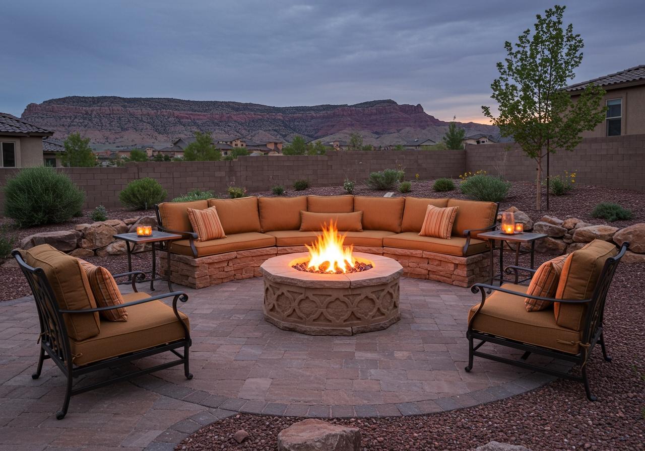 Custom Stone Firepit Patio in Southern Utah at Sunset