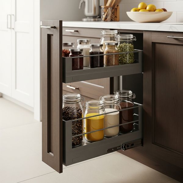 A well-organized pull-out pantry shelf inside a dark wood kitchen cabinet. A well-organized pull-out pantry shelf inside a dark wood kitchen cabinet.