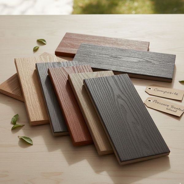 Various deck material samples, including wood and composite, are displayed neatly on a surface.