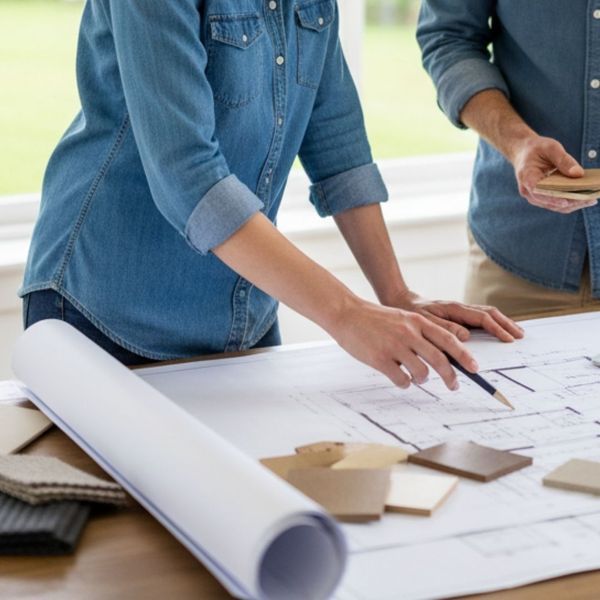An architect points to design plans with a client, discussing eco-friendly building materials. An architect points to design plans with a client, discussing eco-friendly building materials.