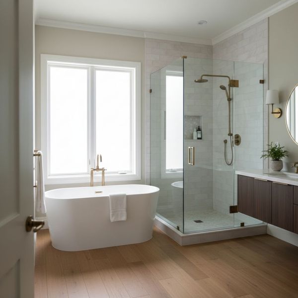 A luxurious bathroom featuring a freestanding tub, a large walk-in shower, and natural light. A luxurious bathroom featuring a freestanding tub, a large walk-in shower, and natural light.