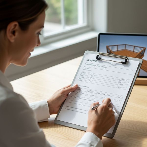 A person reviews a detailed invoice and a construction timeline on a clipboard.