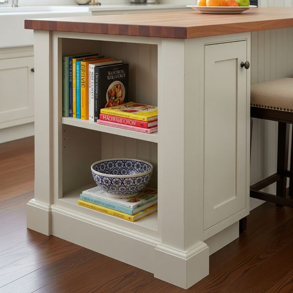 Integrated shelving on the side of a kitchen island holding cookbooks. Integrated shelving on the side of a kitchen island holding cookbooks.