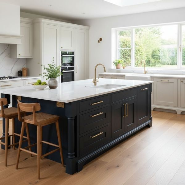 A spacious kitchen island with two-tone cabinetry, elegant quartz countertops, and a modern faucet. A spacious kitchen island with two-tone cabinetry, elegant quartz countertops, and a modern faucet.