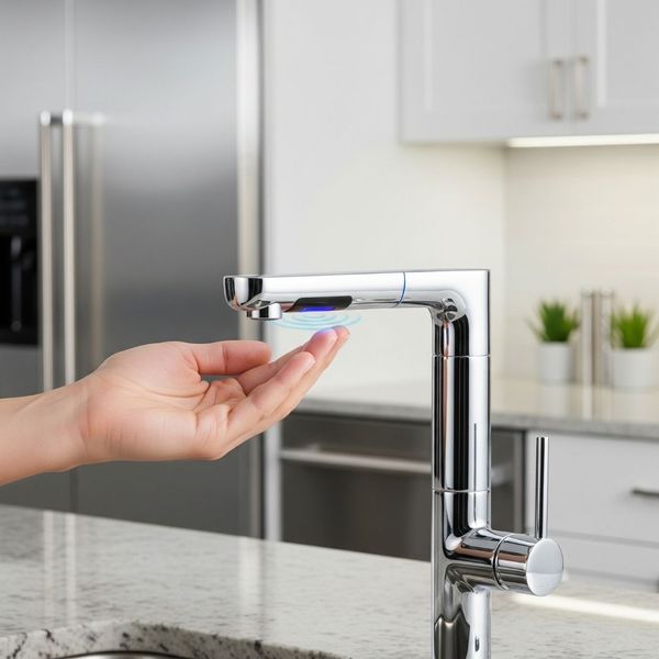 A person using a touchless smart faucet