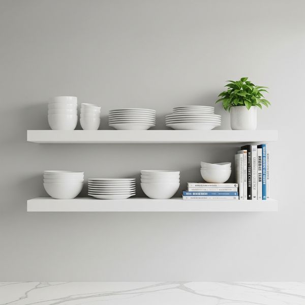 White floating shelves used for vertical kitchen storage against a gray wall. White floating shelves used for vertical kitchen storage against a gray wall.
