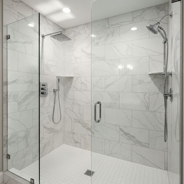 A modern, custom walk-in shower with a rainfall head, a key feature in luxury bathroom design. A modern, custom walk-in shower with a rainfall head, a key feature in luxury bathroom design.