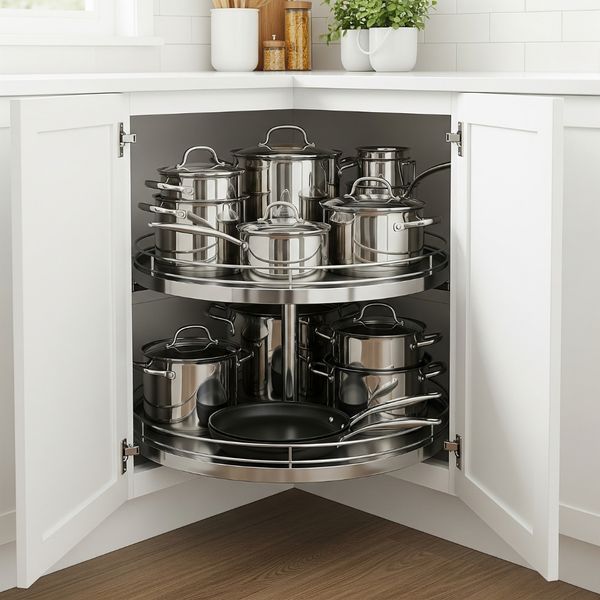 An open corner kitchen cabinet with a Lazy Susan for pot and pan storage. An open corner kitchen cabinet with a Lazy Susan for pot and pan storage.