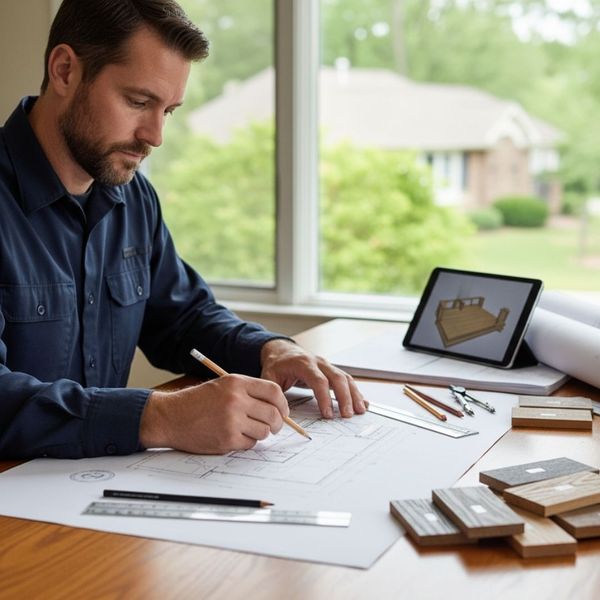 A man sketches a deck design on paper, surrounded by design tools and material samples.