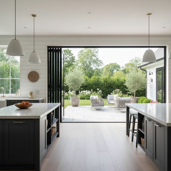 A modern kitchen with a large island connects seamlessly to an outdoor patio through wide glass doors. A modern kitchen with a large island connects seamlessly to an outdoor patio through wide glass doors.