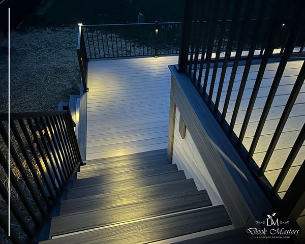 deck lighting at night, dramatic angle
