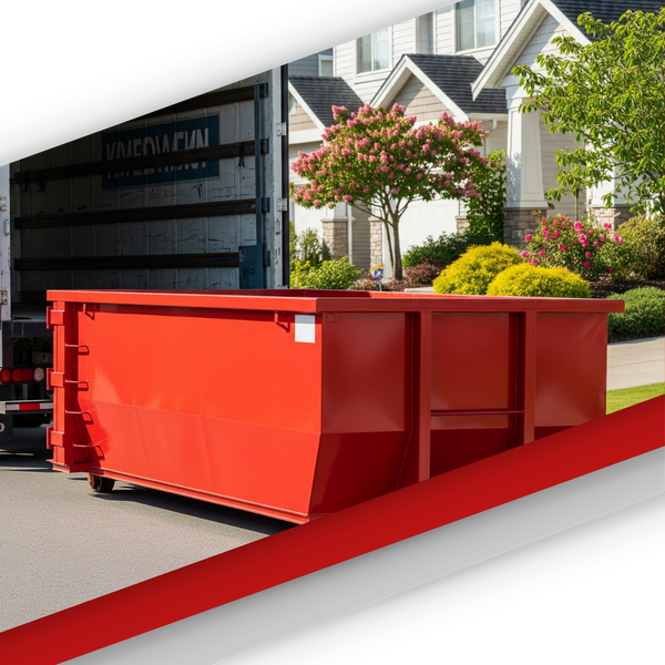 red dumpster by truck