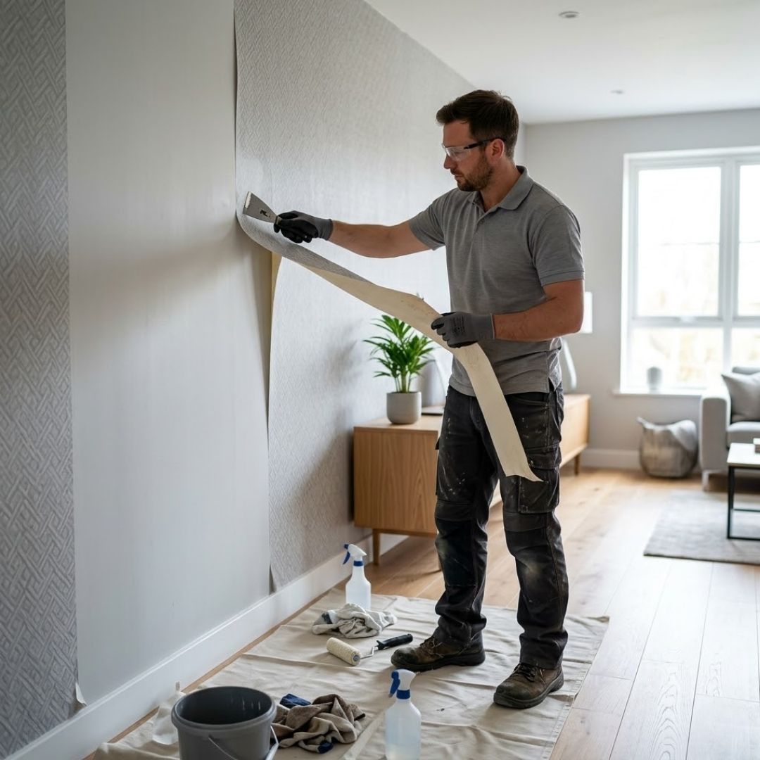 A professional performing wallpaper removal in a modern home.