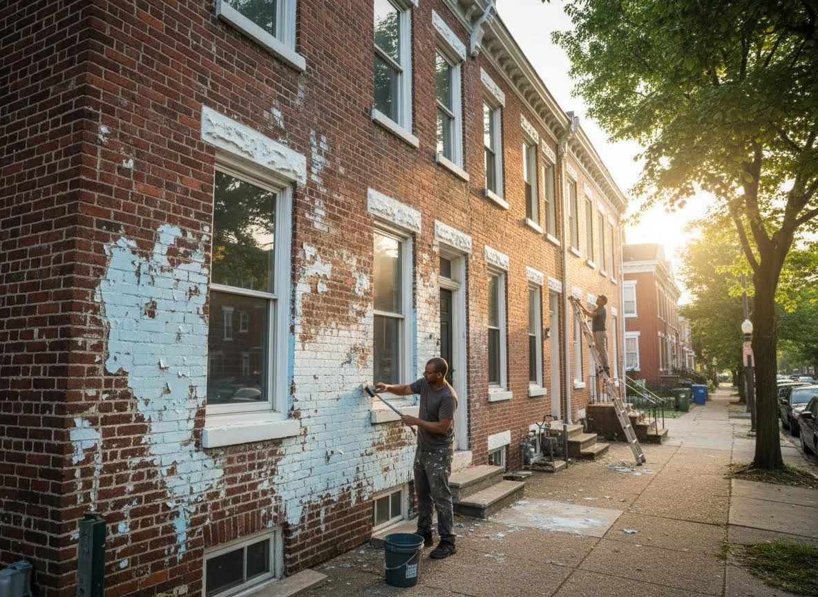 Two men painting a brick row house exterior