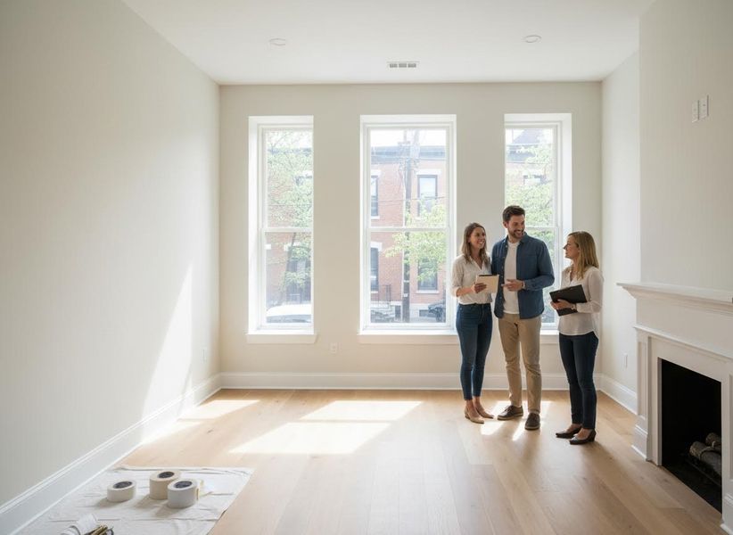Real estate agent showing an empty new home to a couple