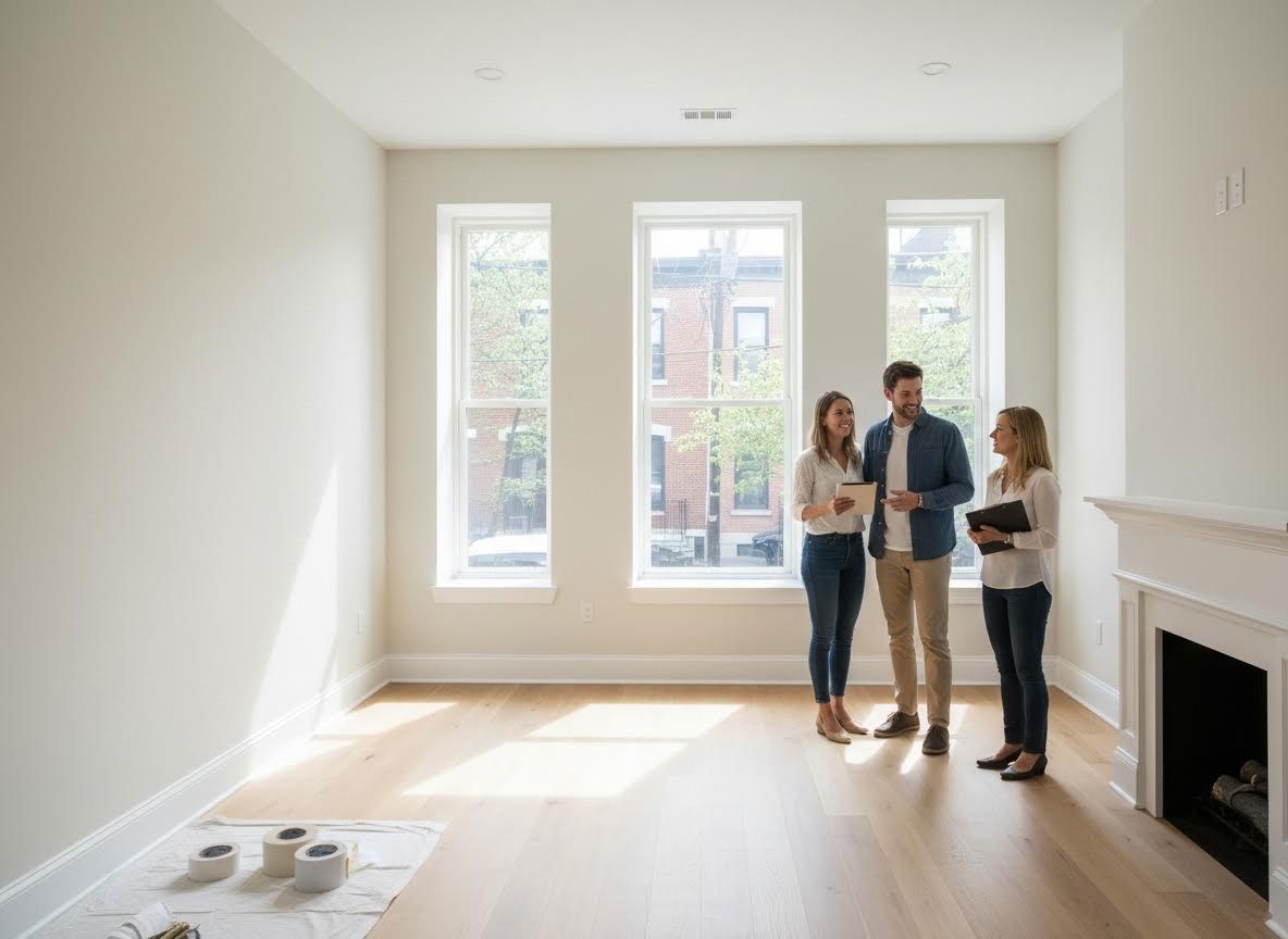 Real estate agent showing an empty new home to a couple