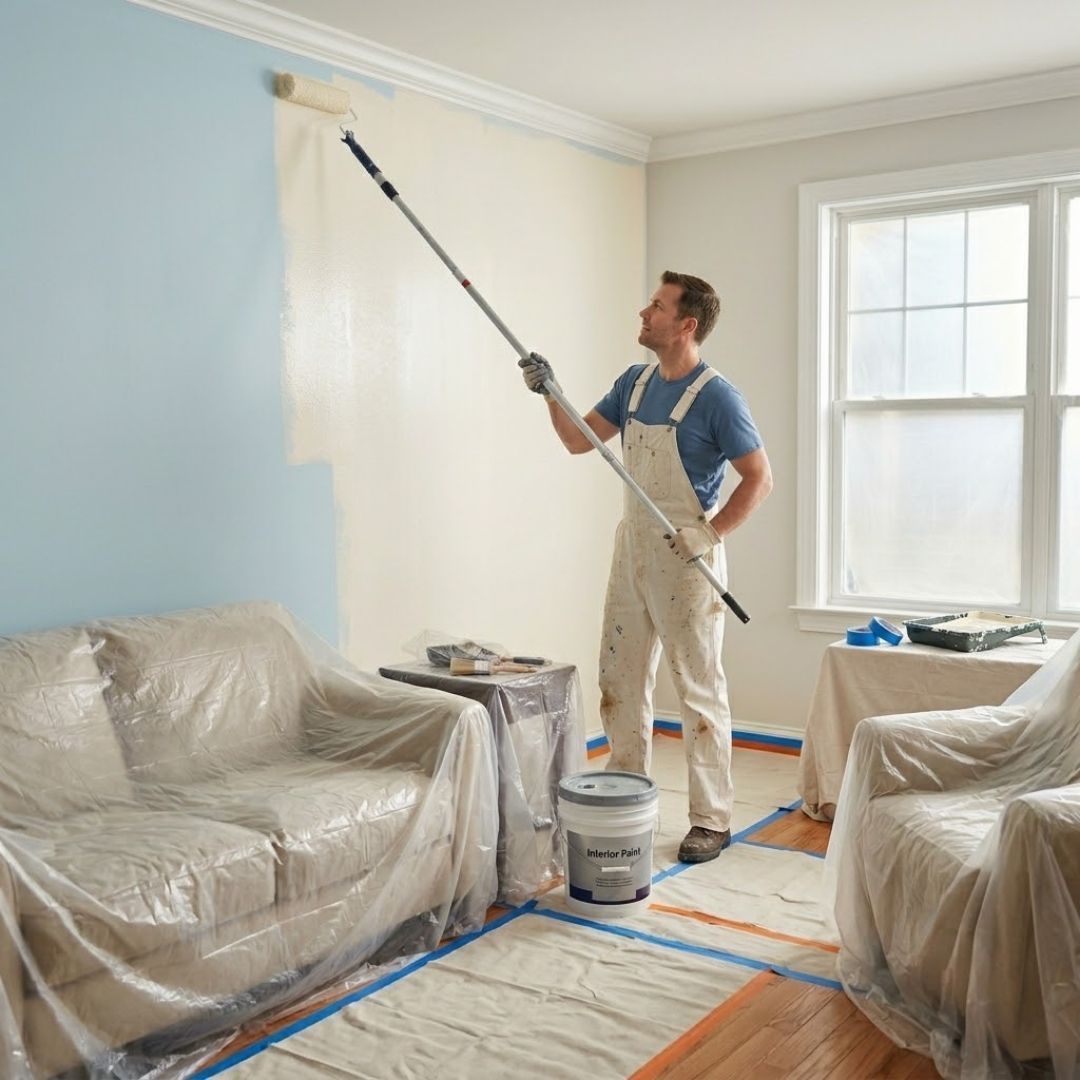 A man using a long roller brush to paint a room white