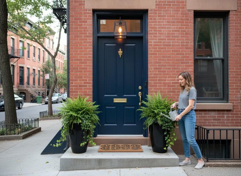 Woman watering ferns on brownstone stoop