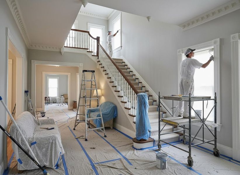 Professional painters refreshing a home interior with a grand staircase