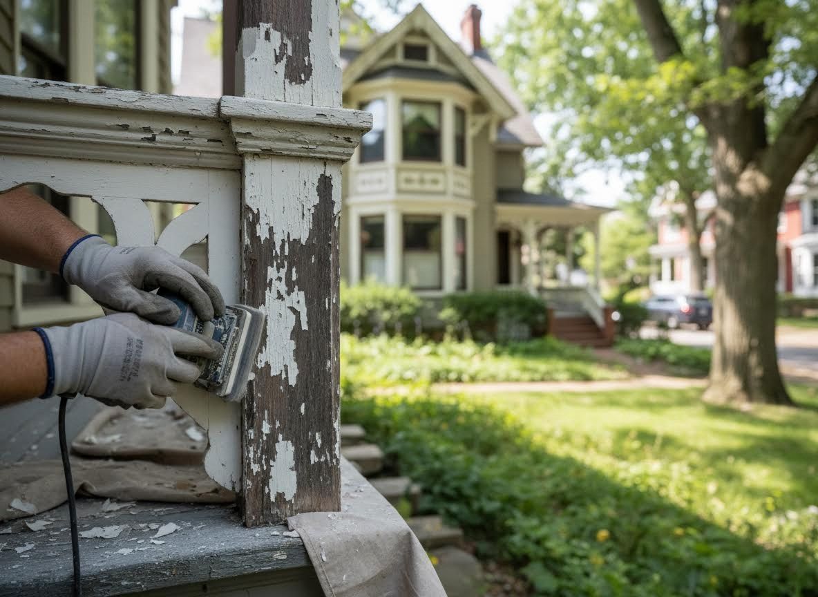 Sanding peeling paint from a house porch column